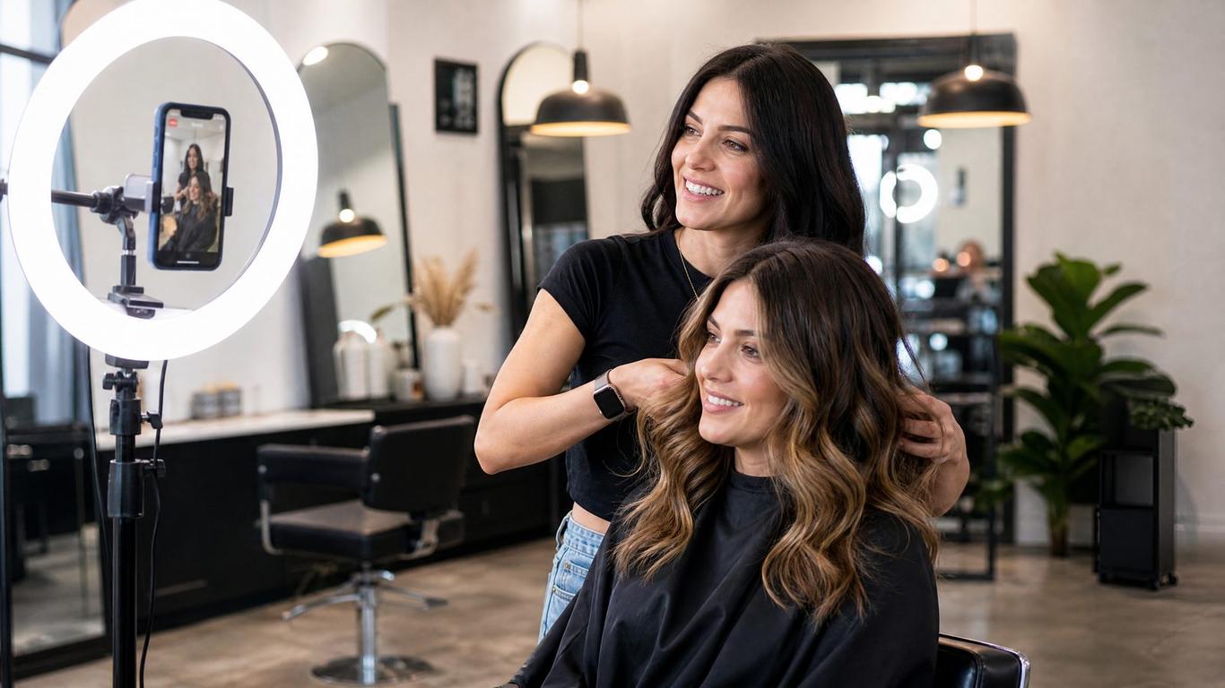 Grid of seven salon ad creative examples on a marketing dashboard