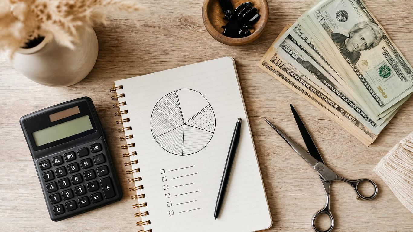 Calculator and ad spend dashboard planning a salon's monthly advertising budget