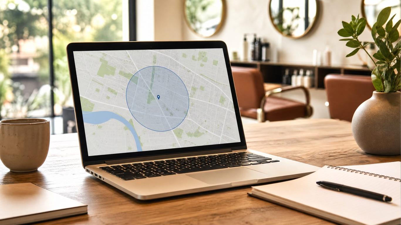 A laptop showing Facebook Ads Manager targeting settings for a local salon campaign.