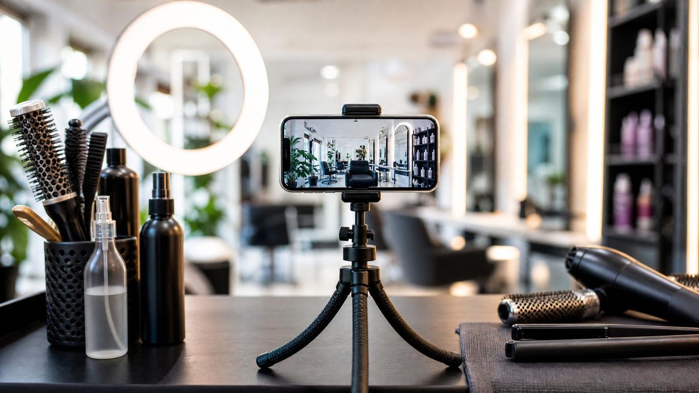A person filming a stylist working on a client's hair using a smartphone for a salon ad video.