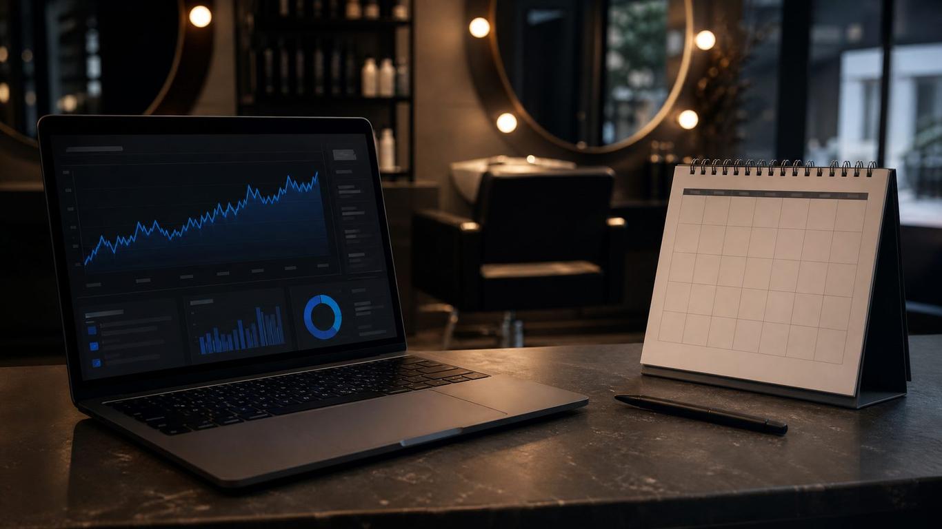 A laptop displaying salon ad metrics showing high clicks but zero bookings, highlighting the need for funnel optimization.