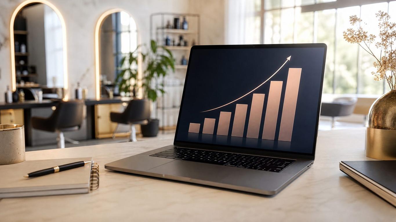 Laptop displaying Facebook Ads Manager showing scaled salon ad campaigns