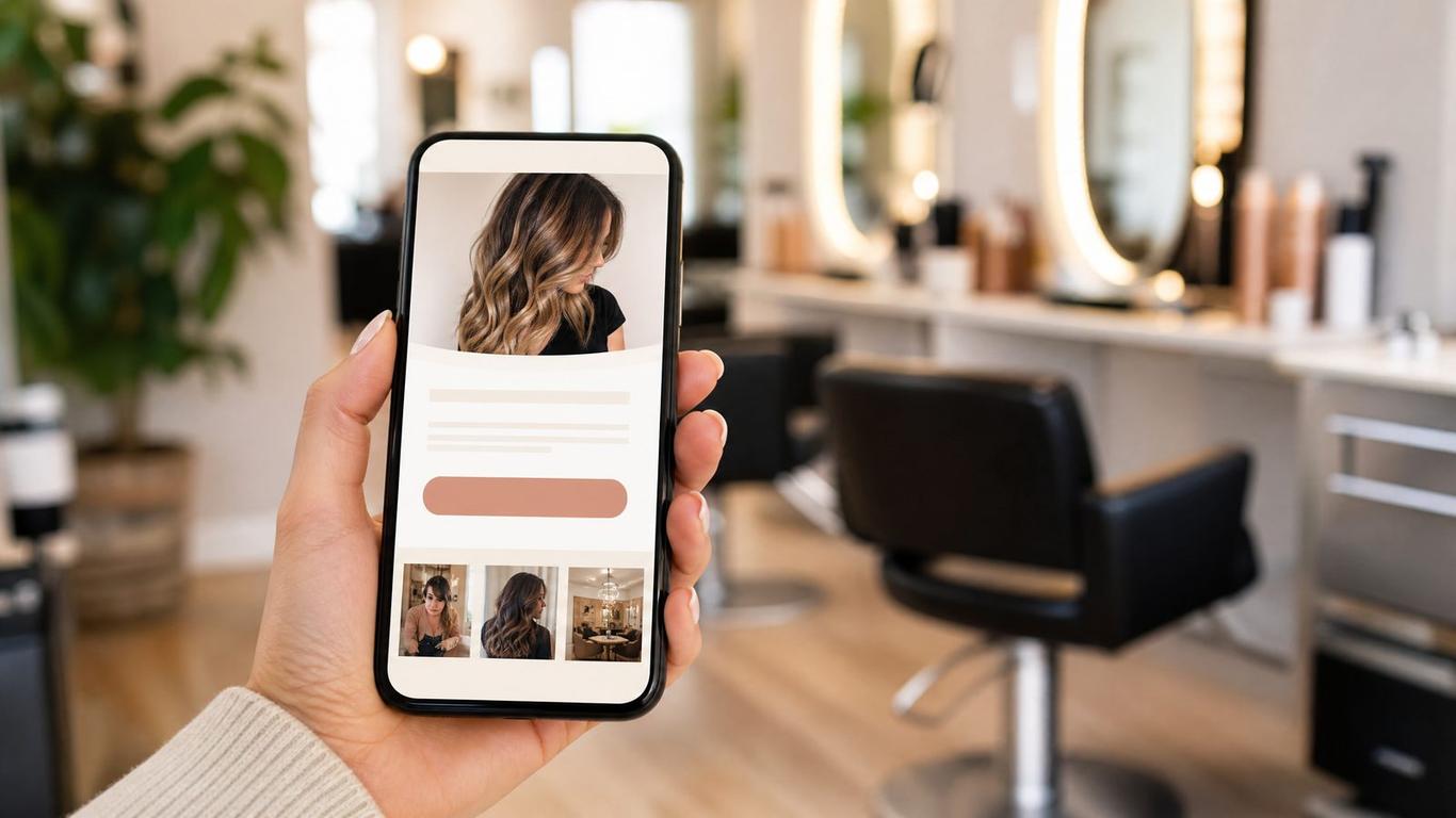 Salon landing page showing a new client special offer on a phone screen