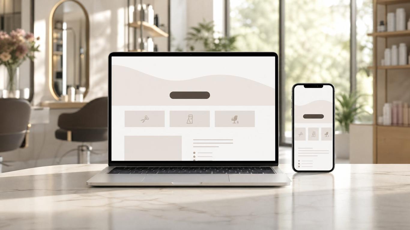 One-page salon funnel layout shown on a laptop and phone side by side