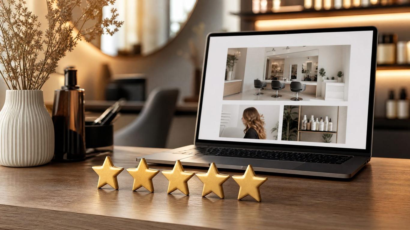 A laptop screen showing a salon landing page with a five-star review placed directly under the booking button.