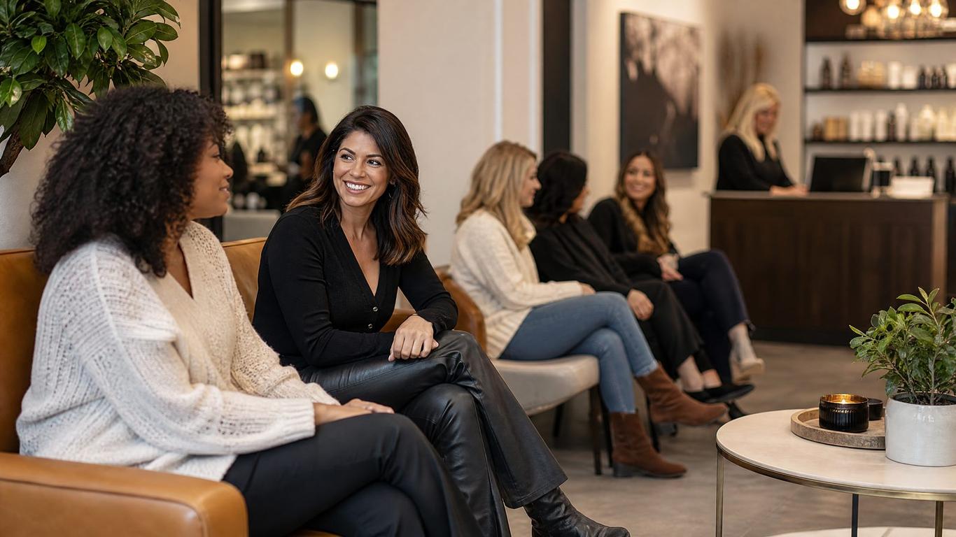 A salon waitlist strategy on a mobile phone next to a stylist station