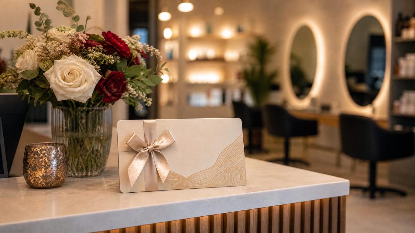 A sleek black salon gift card sitting on a modern reception desk next to a digital tablet displaying a booking screen.