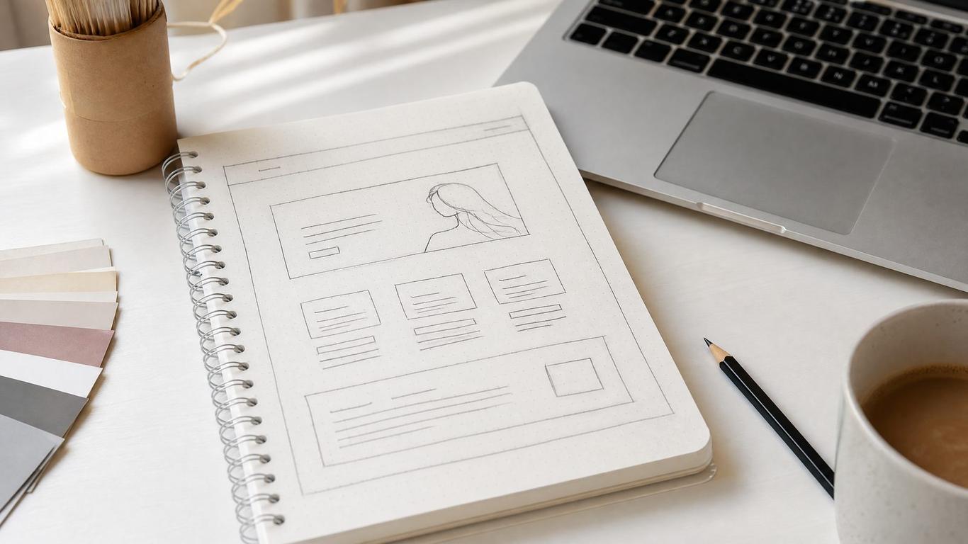 A laptop displaying a high-converting salon landing page copy structure