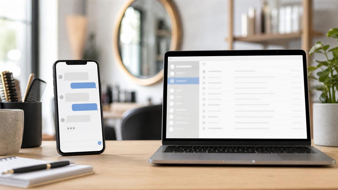 A split screen showing a salon text message on a phone and an email on a laptop.