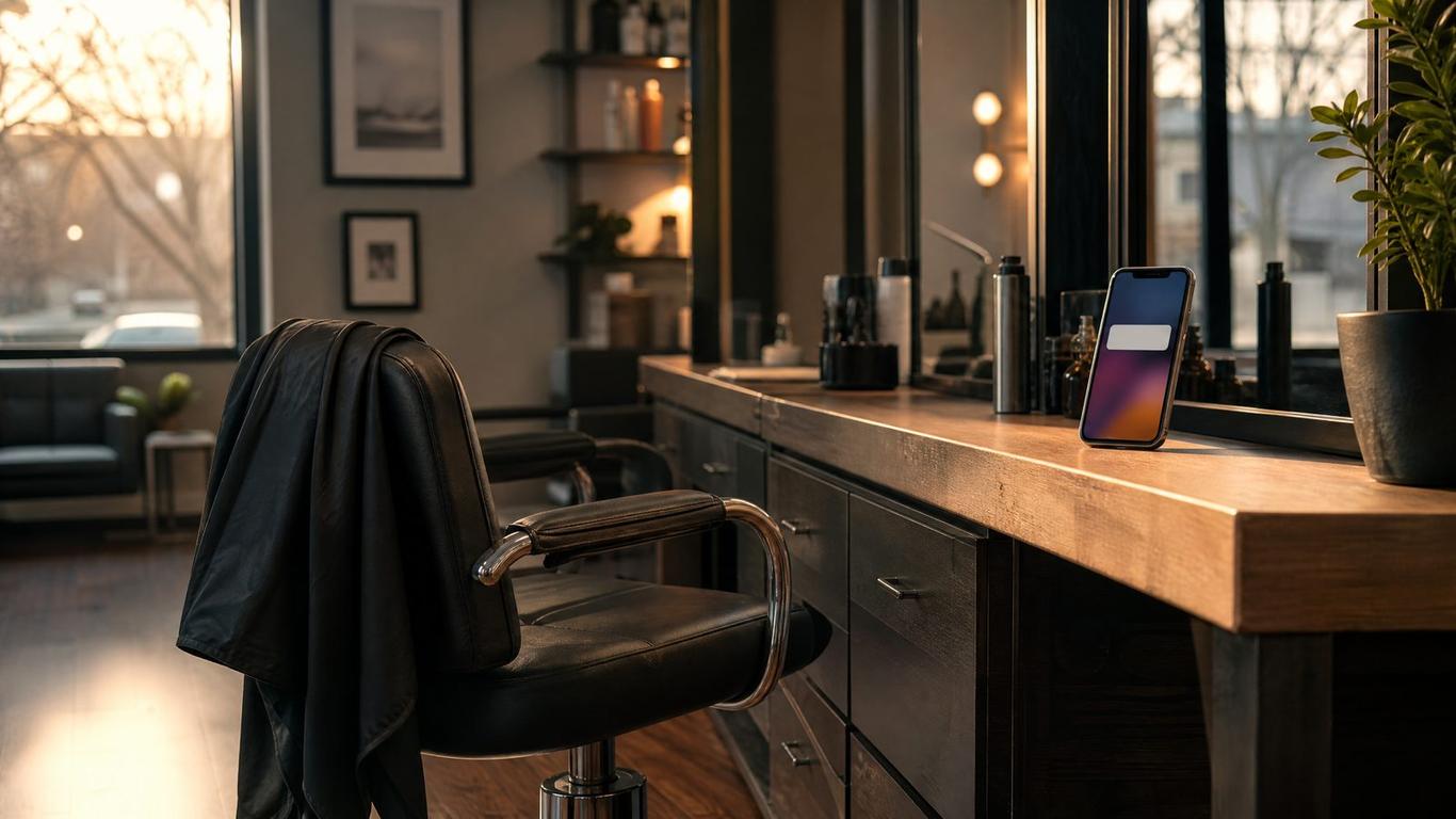 A salon owner looking at automated appointment reminder messages on a phone to reduce salon no-shows