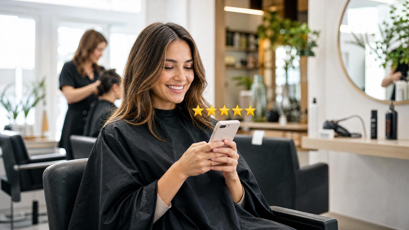 A salon owner checking their phone showing a 5-star Google review notification