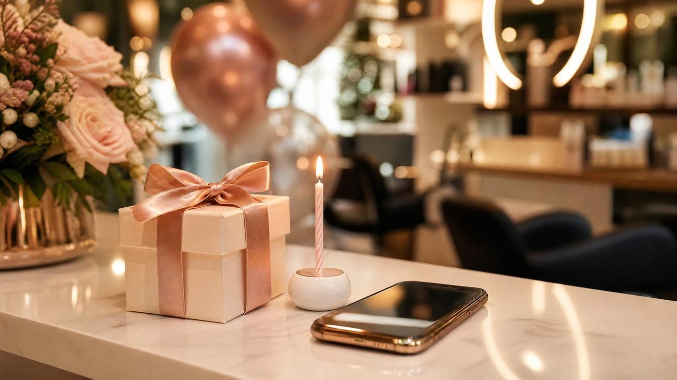 A salon owner drafting birthday and anniversary messages to clients on a laptop.