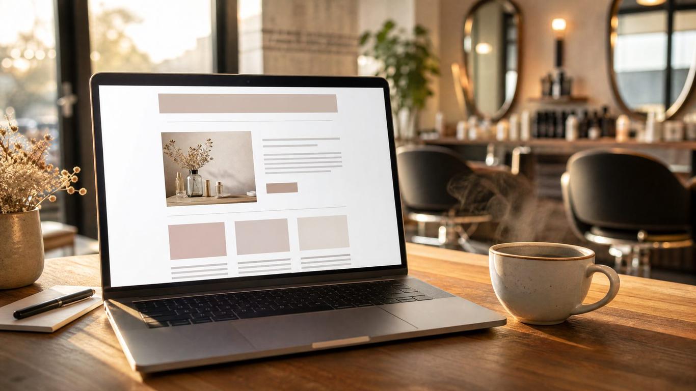 Salon email marketing dashboard on a laptop screen next to styling tools