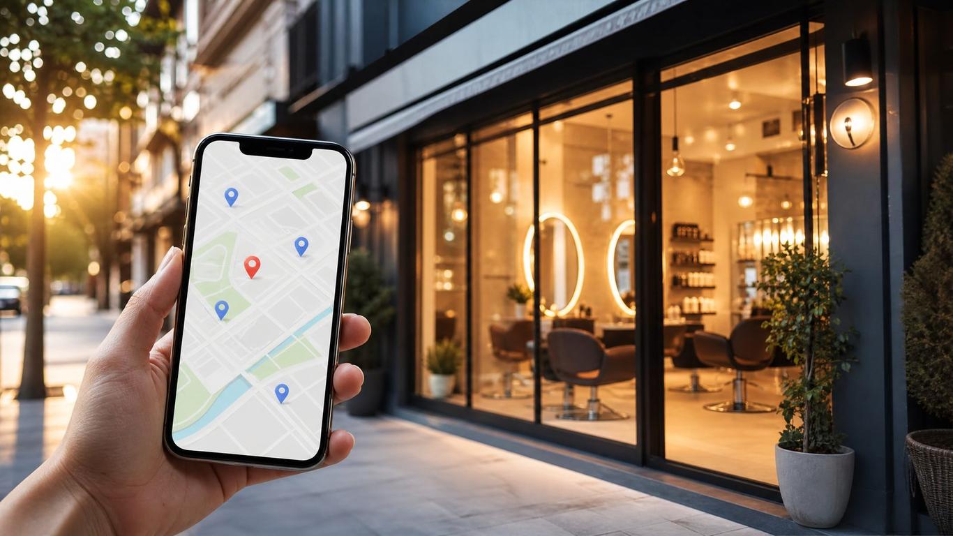 Google Business Profile listing for a salon shown on a smartphone map search