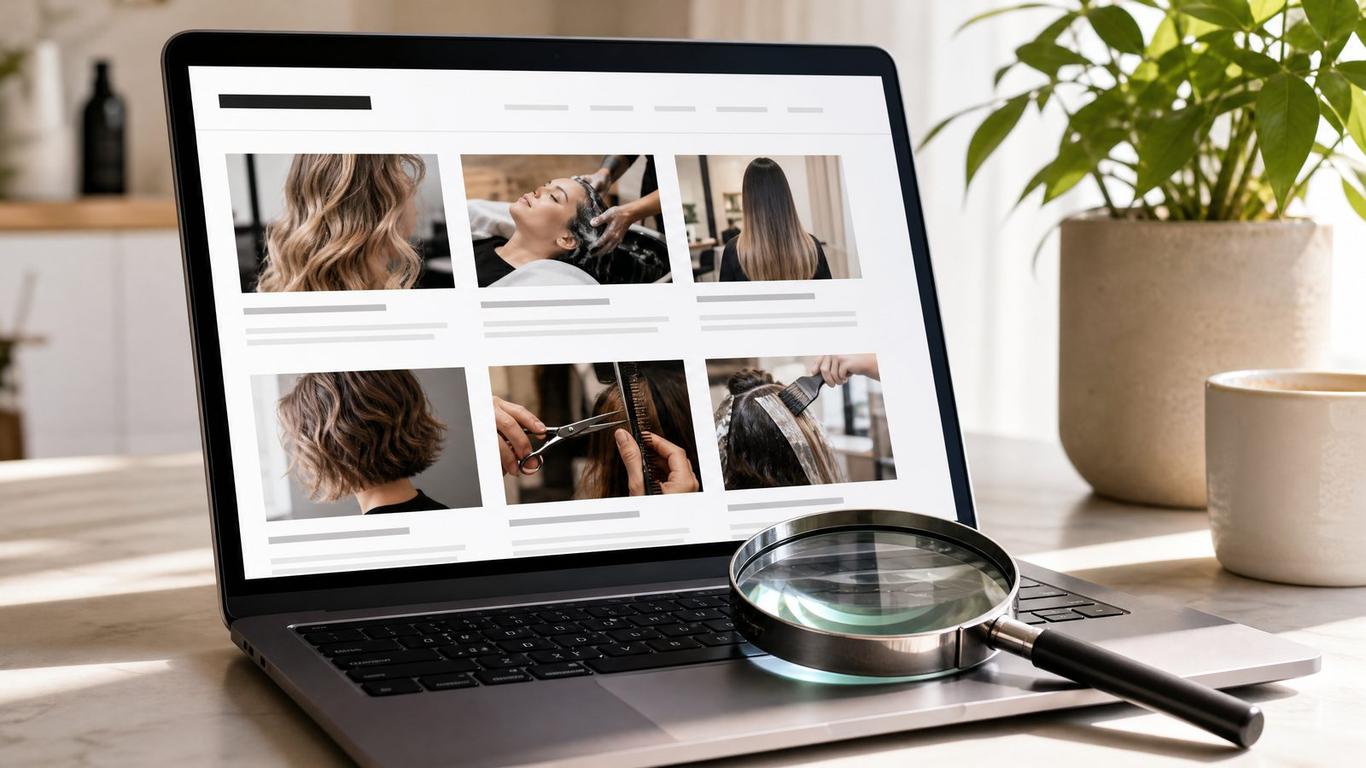 A laptop showing a well-structured salon service page optimized for local search rankings.