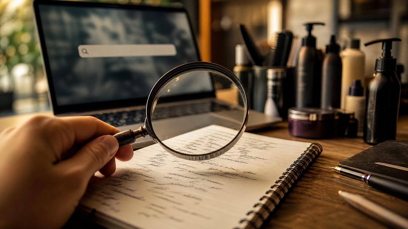 Laptop showing local SEO search volumes next to a coffee cup on a salon reception desk