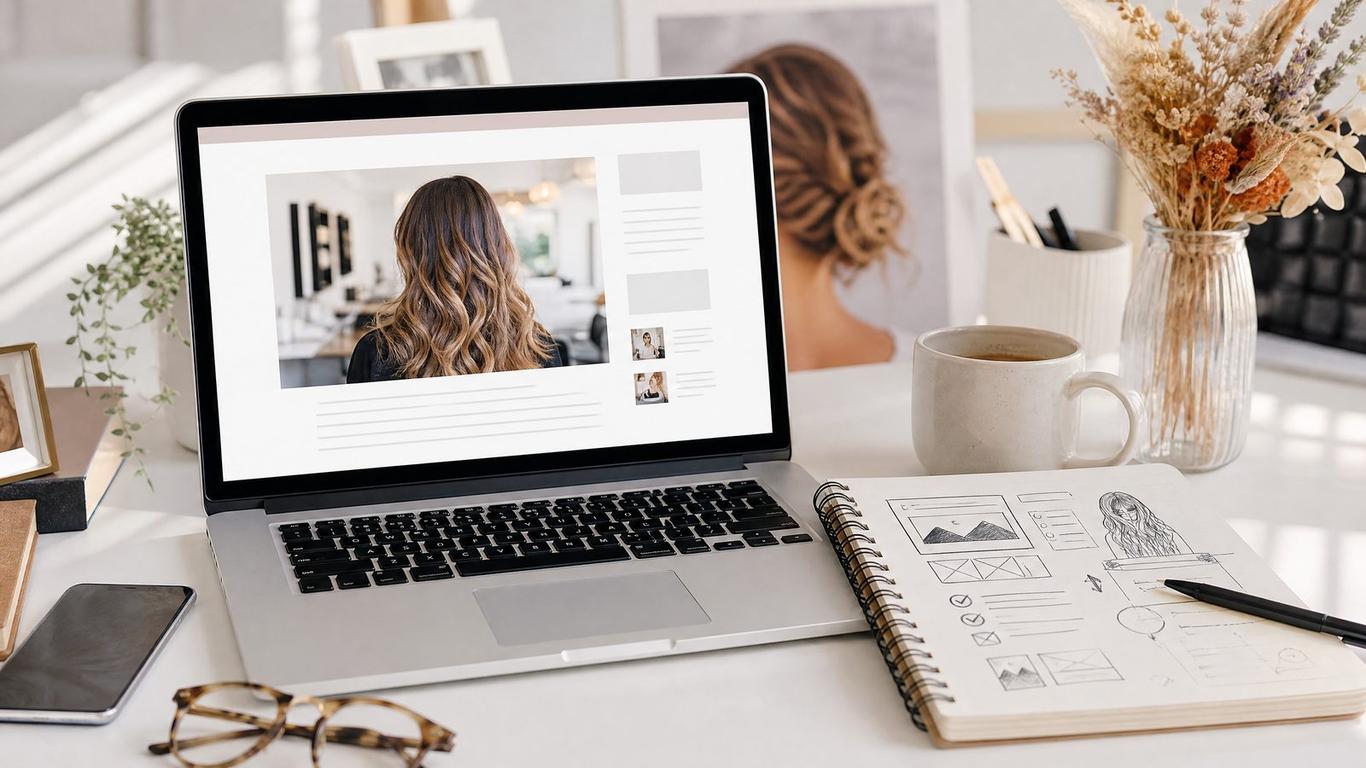 Laptop displaying local search results and salon blog content next to a booking calendar