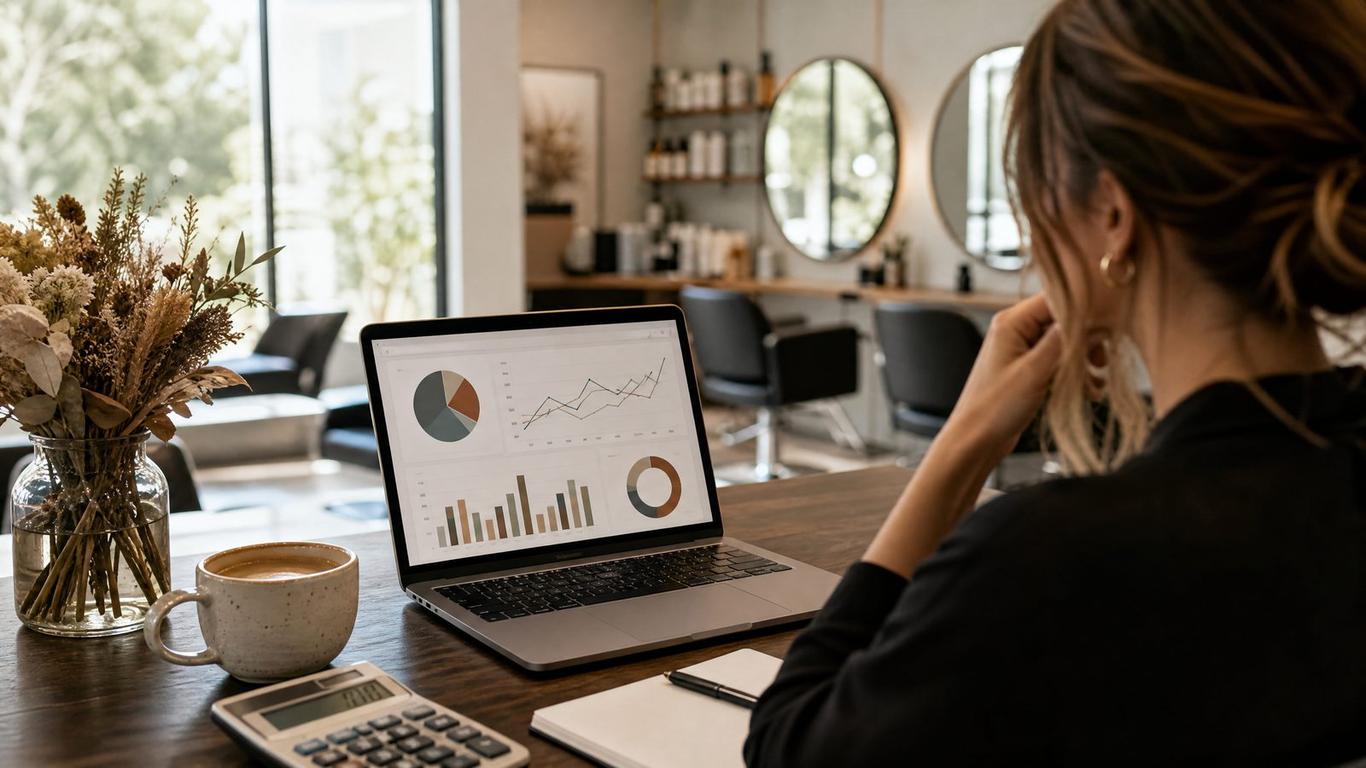 Salon owner reviewing client acquisition cost on a laptop dashboard