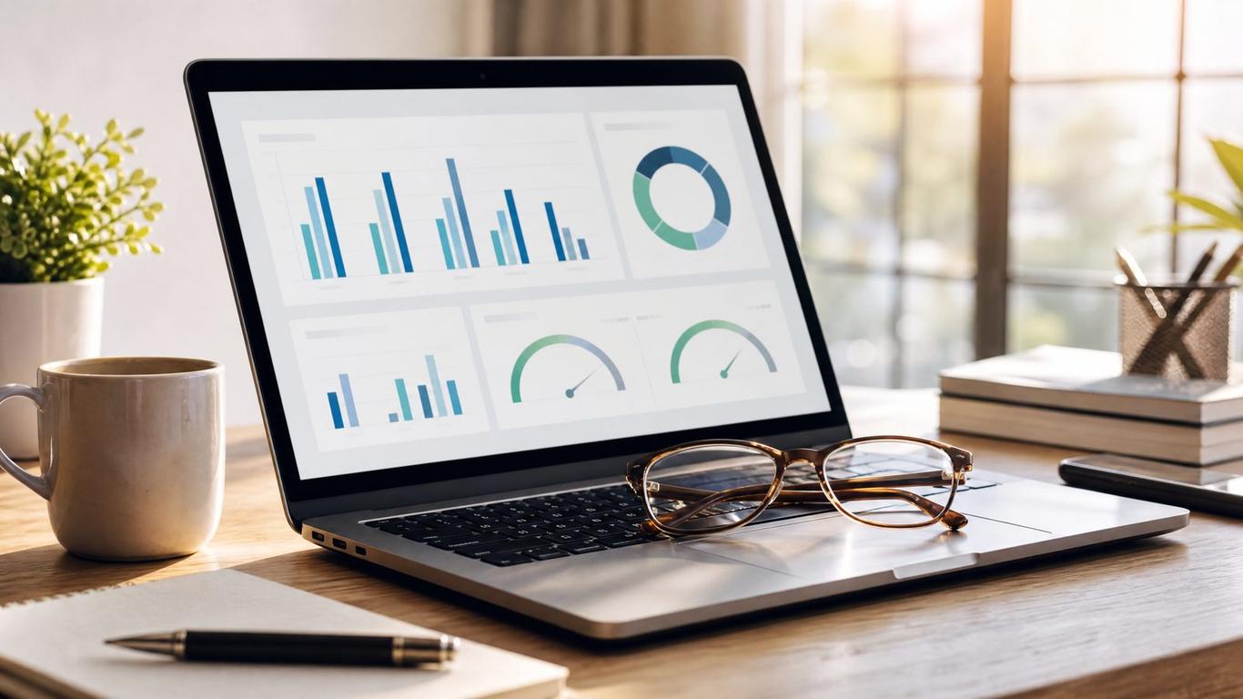 A laptop screen showing salon facebook ads metrics dashboard next to a notebook
