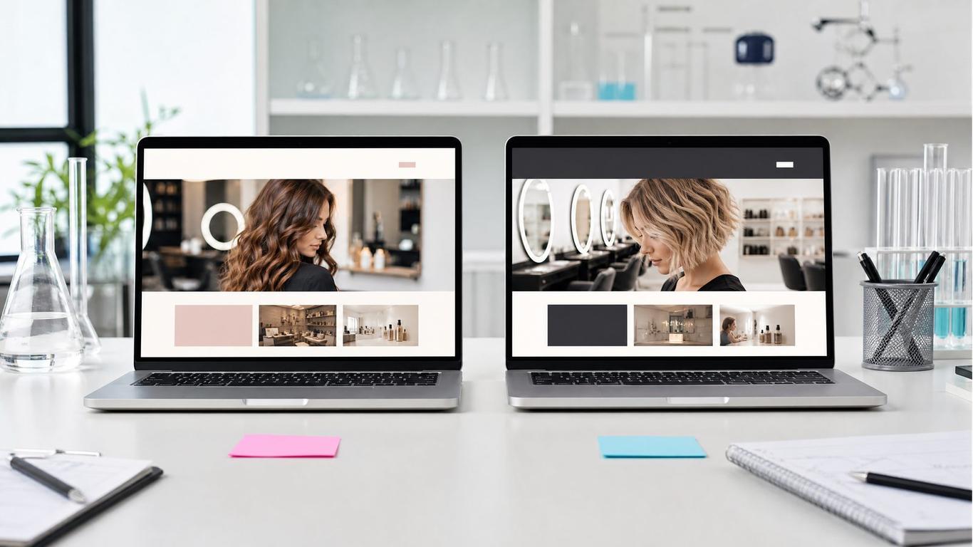 A split screen showing two versions of a salon landing page ab test on a laptop