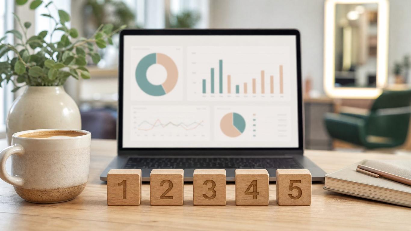 Laptop screen showing a salon marketing dashboard with weekly KPIs