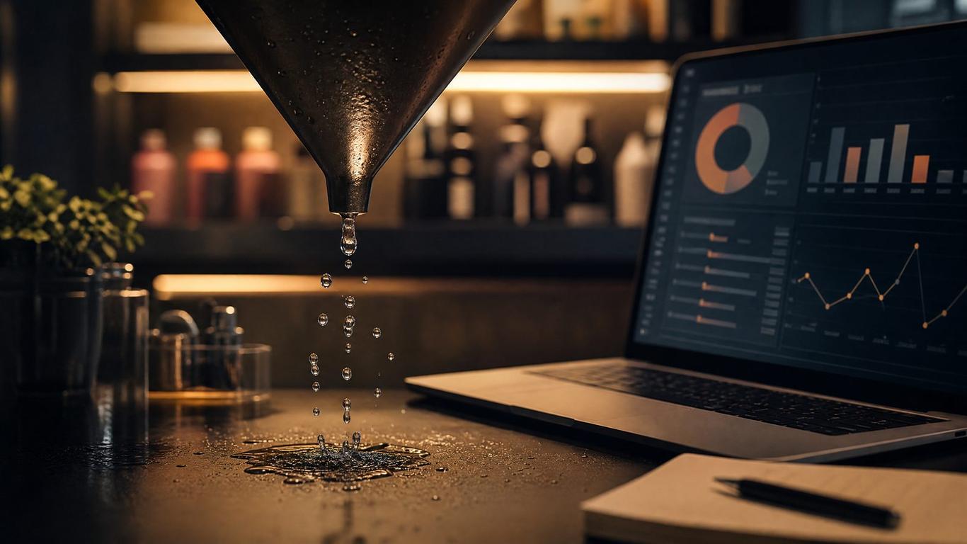 Diagram-style photo of salon inquiries leaking out of a funnel into lost revenue