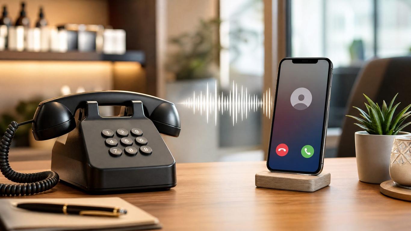 A salon phone ringing next to an open laptop showing call tracking analytics dashboard