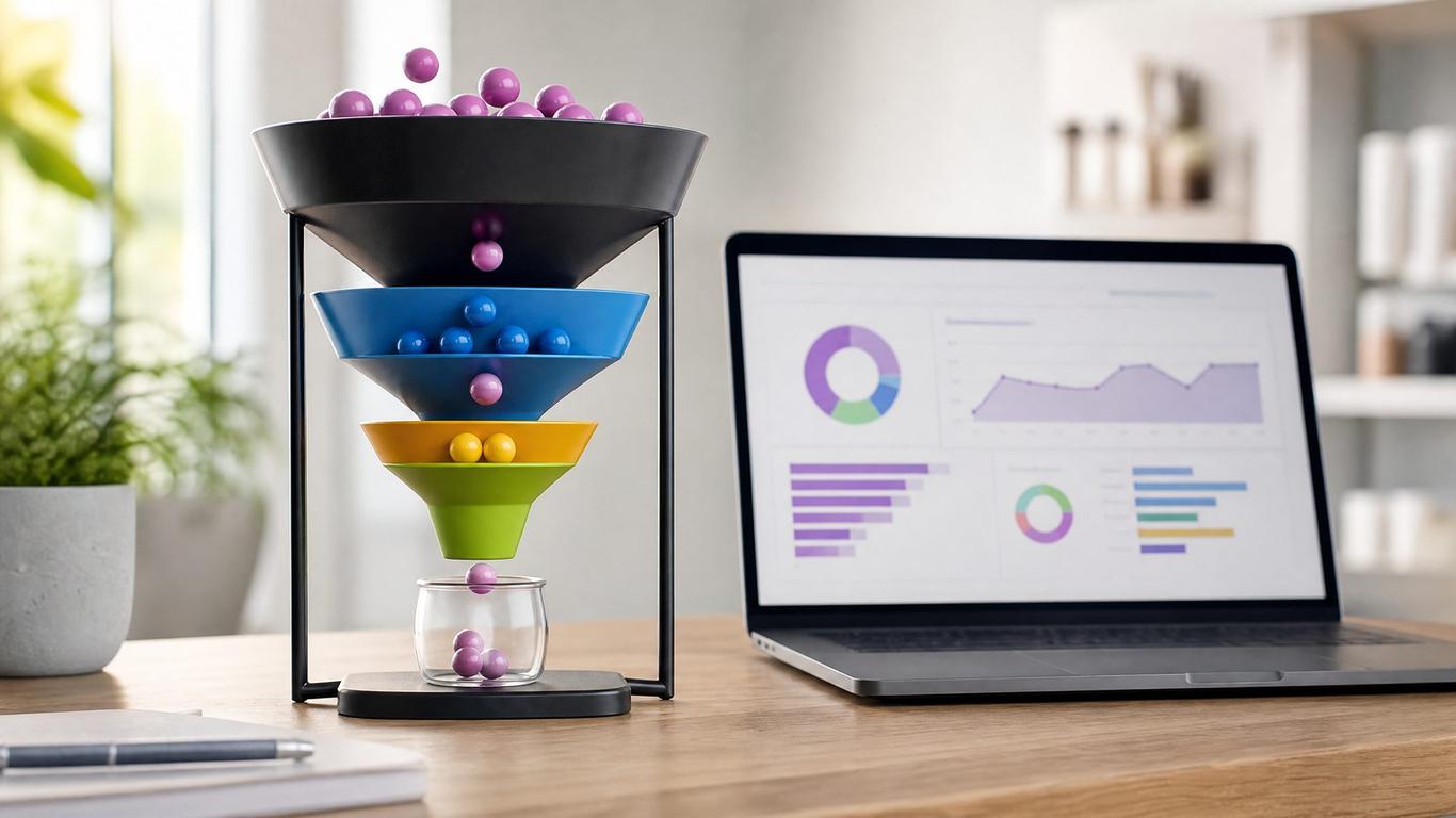 A laptop showing a dashboard with salon funnel conversion rates next to a smartphone.