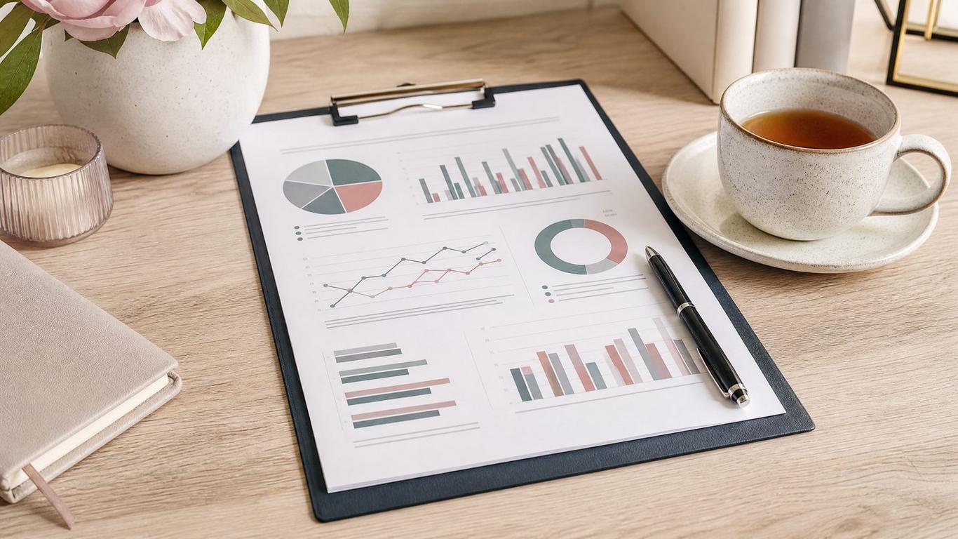 A simple salon marketing report template on a laptop screen next to a coffee cup.