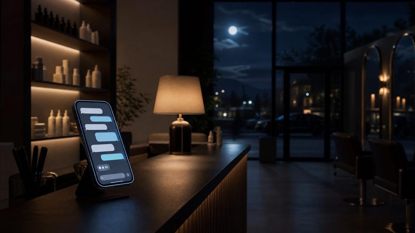 AI answering a salon inquiry on a smartphone at night