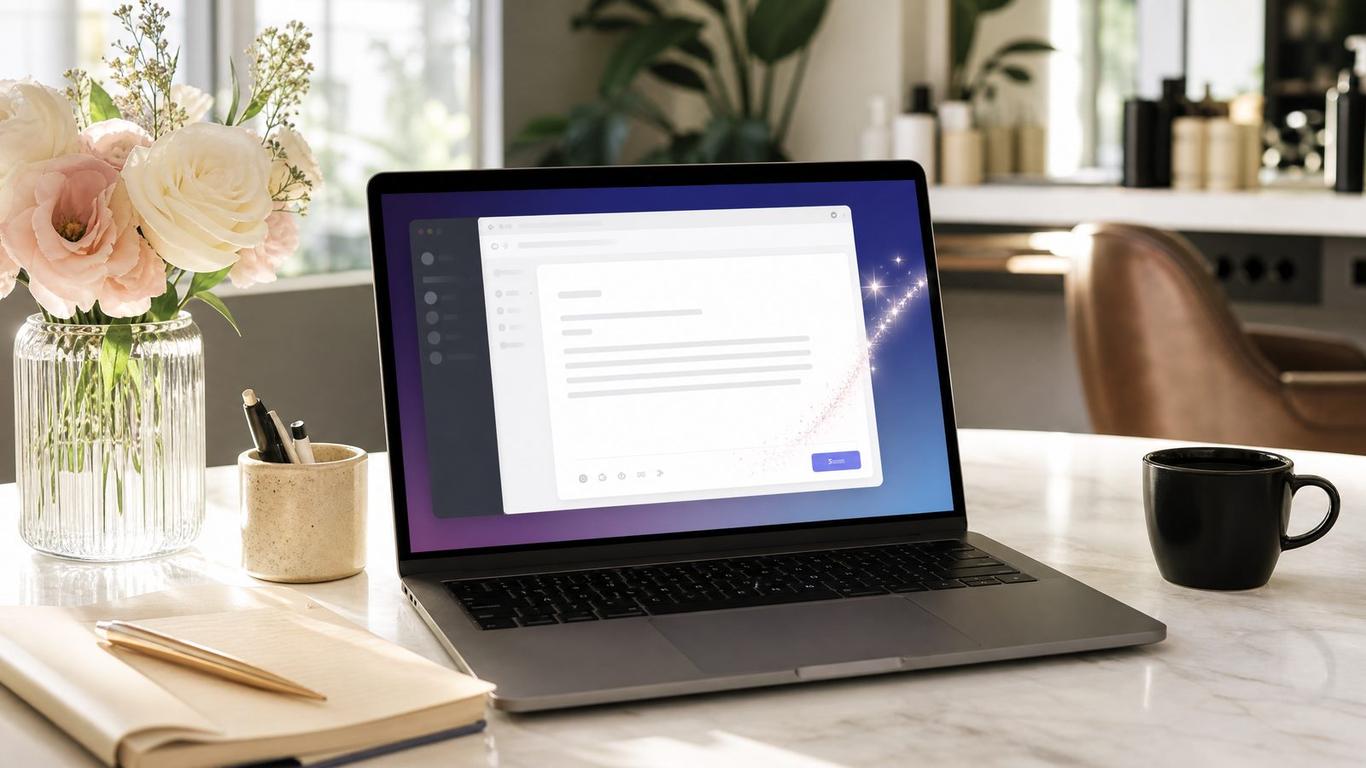 A laptop displaying a salon AI email marketing sequence with personalized follow-ups