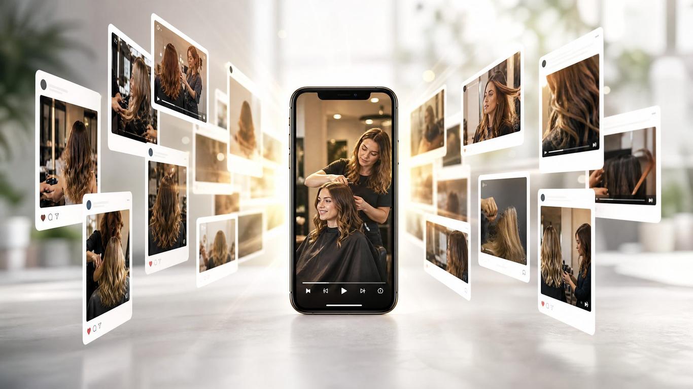 A marketer repurposing salon video content on a laptop