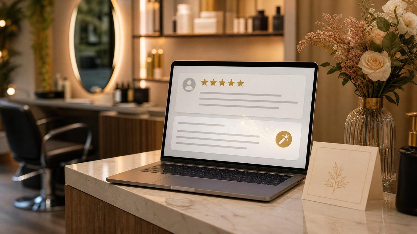 A salon owner using a laptop to respond to reviews using AI