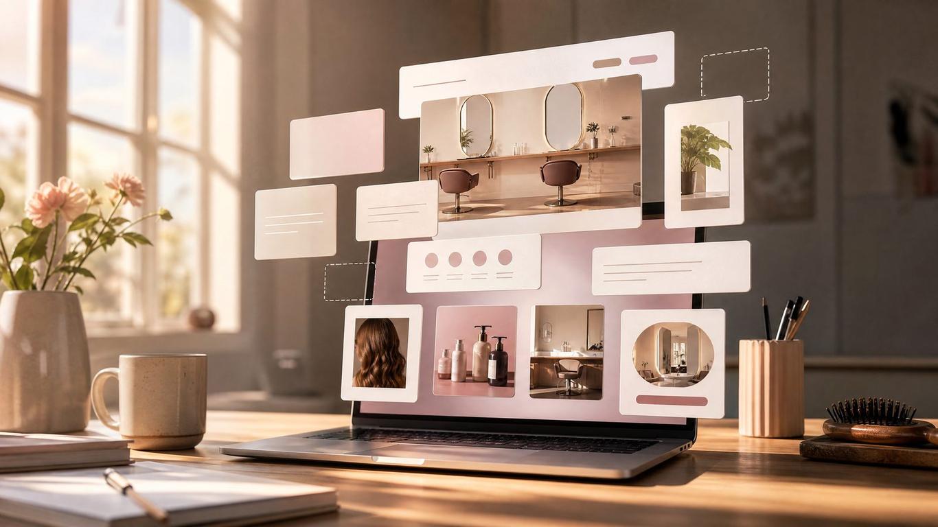Laptop showing an AI landing page builder for a salon marketing campaign