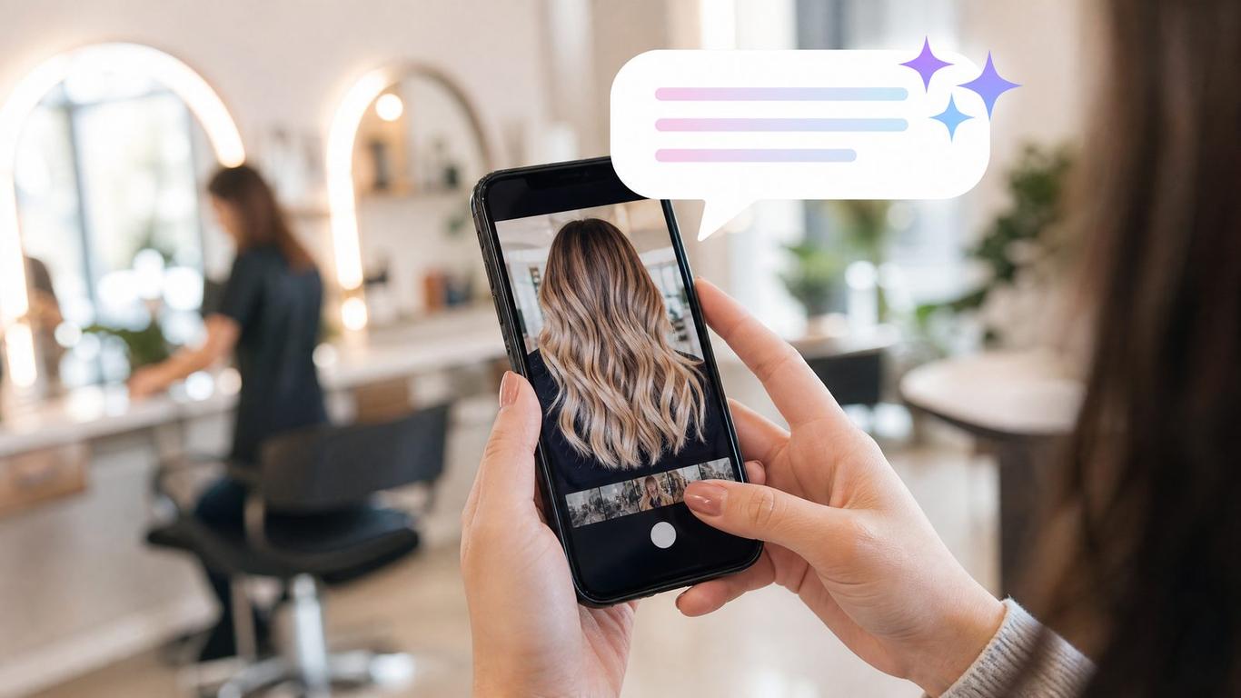 A salon owner generating ai social media captions salon posts on a laptop next to a ring light