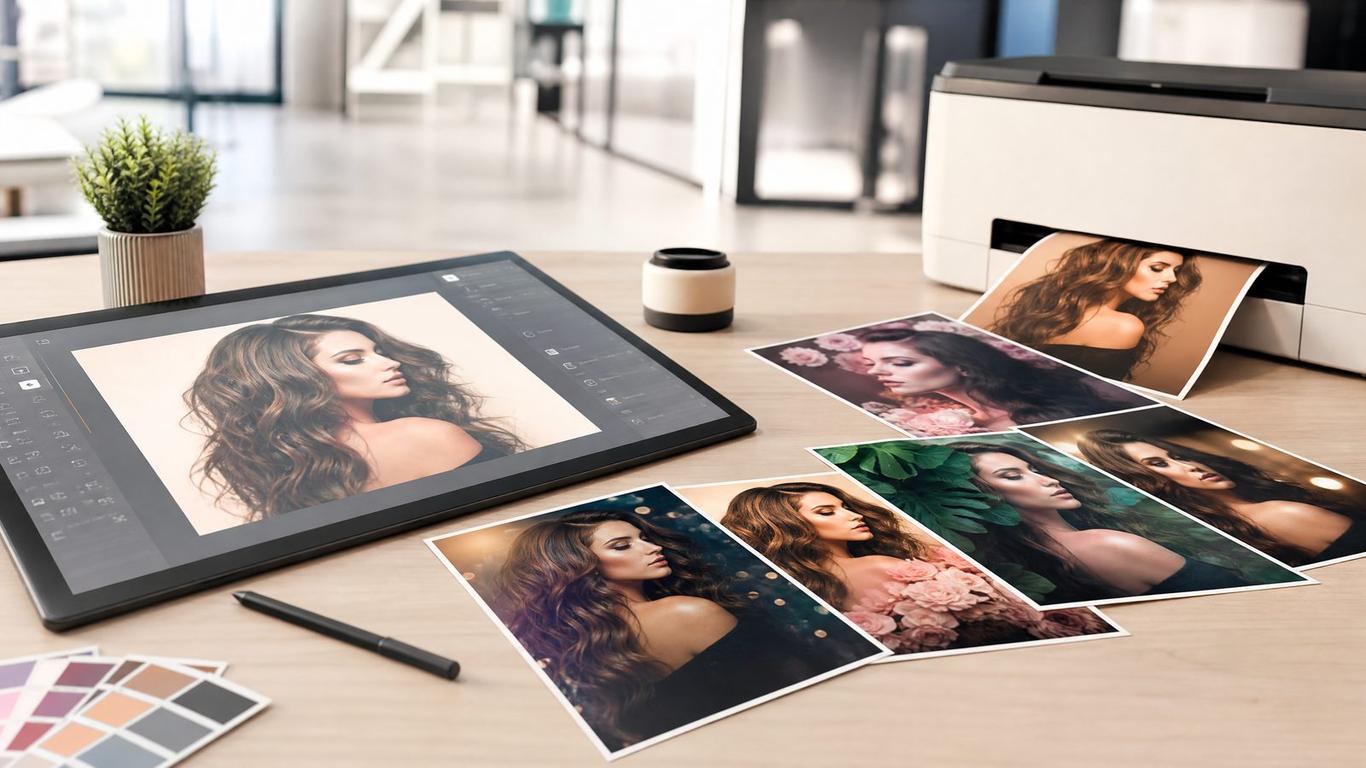 A laptop showing an AI-generated salon ad creative on a desk