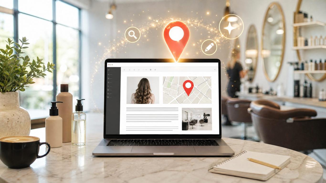 Laptop showing AI prompts for salon SEO content creation